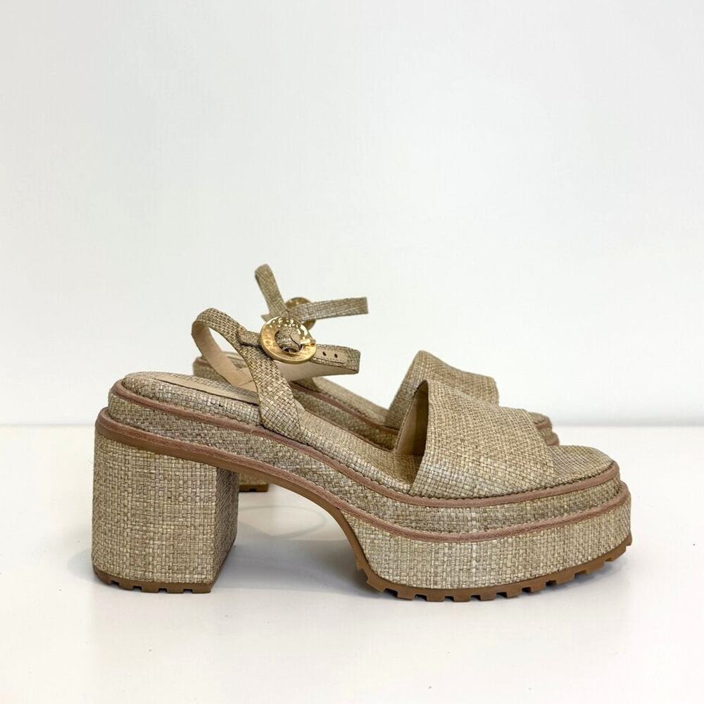 CULT GAIA Raffia Platform Block Heel Sandal 40 Tan Adjustable Anke Strap Shoes